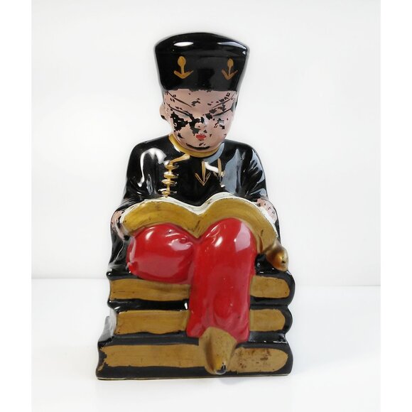 Vintage Asian Chinese Boy Sitting on Books Reading Ceramic Figurine Mid-century - Picture 1 of 8